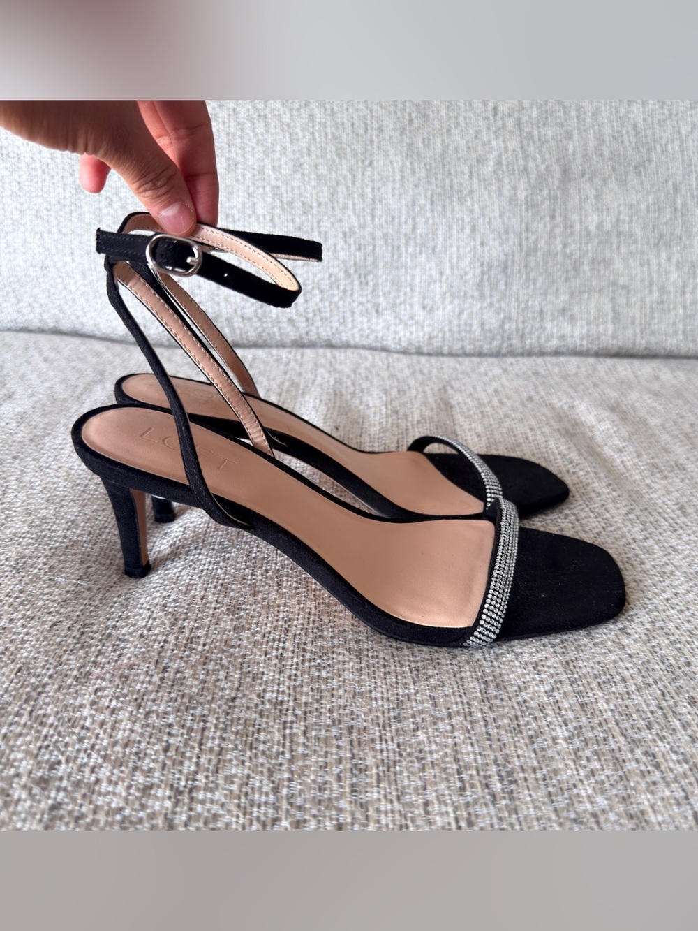 LOFT Black Ankle-Strap Kitten Heels with Rhinestone Toe Band